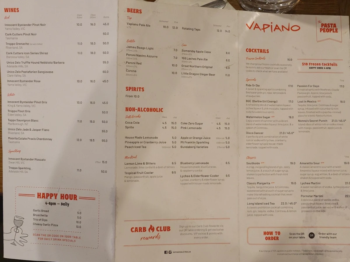 Menu, Vapiano Soul Boardwalk