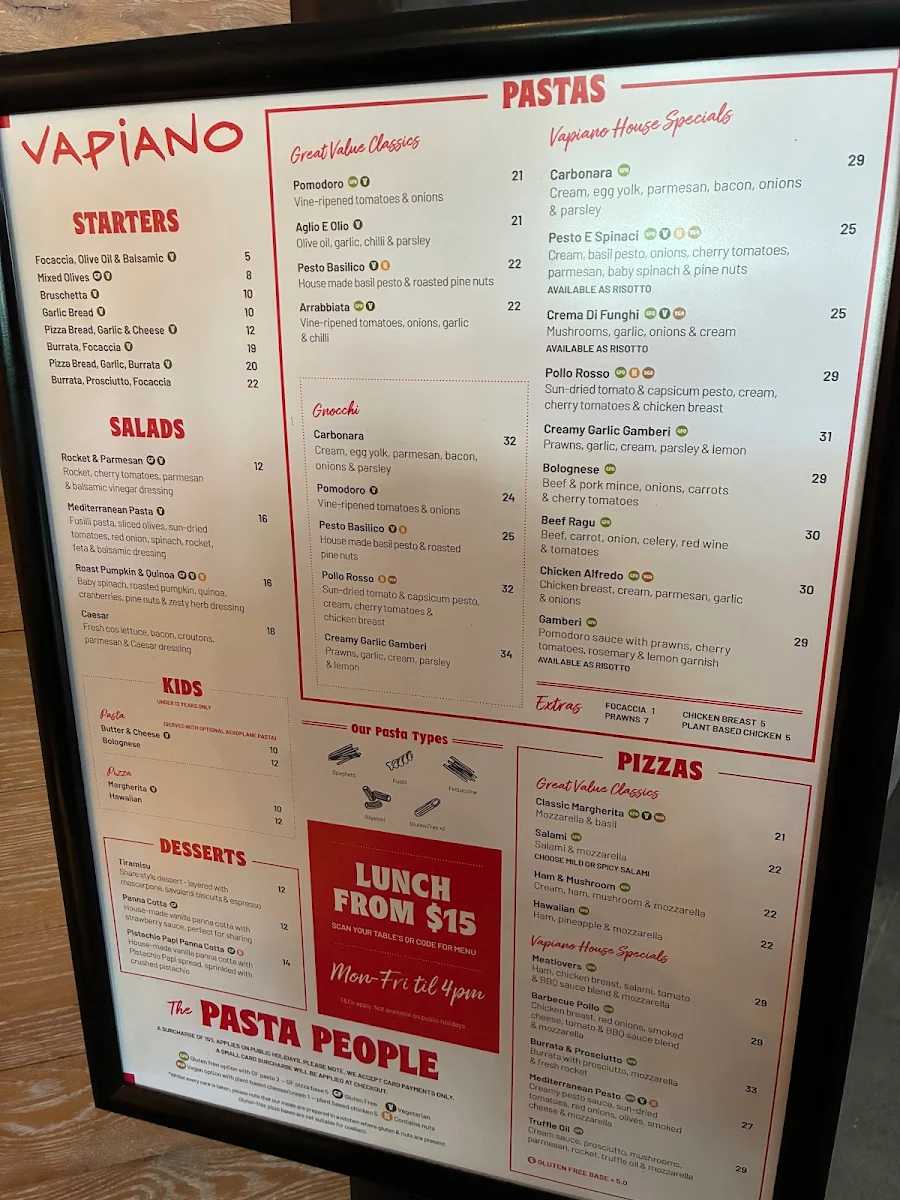 Menu, Vapiano Soul Boardwalk