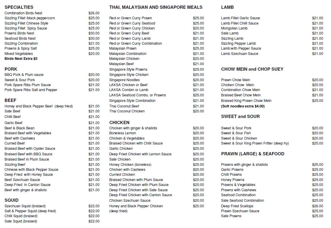 Menu, Lucky 88 @ Husky Sports