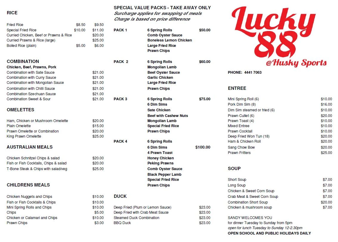 Menu, Lucky 88 @ Husky Sports