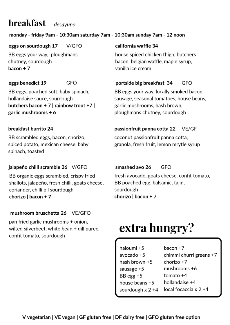Menu, Portside Cafe & Restaurant