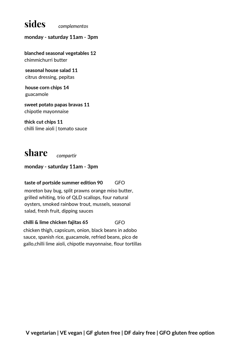 Menu, Portside Cafe & Restaurant