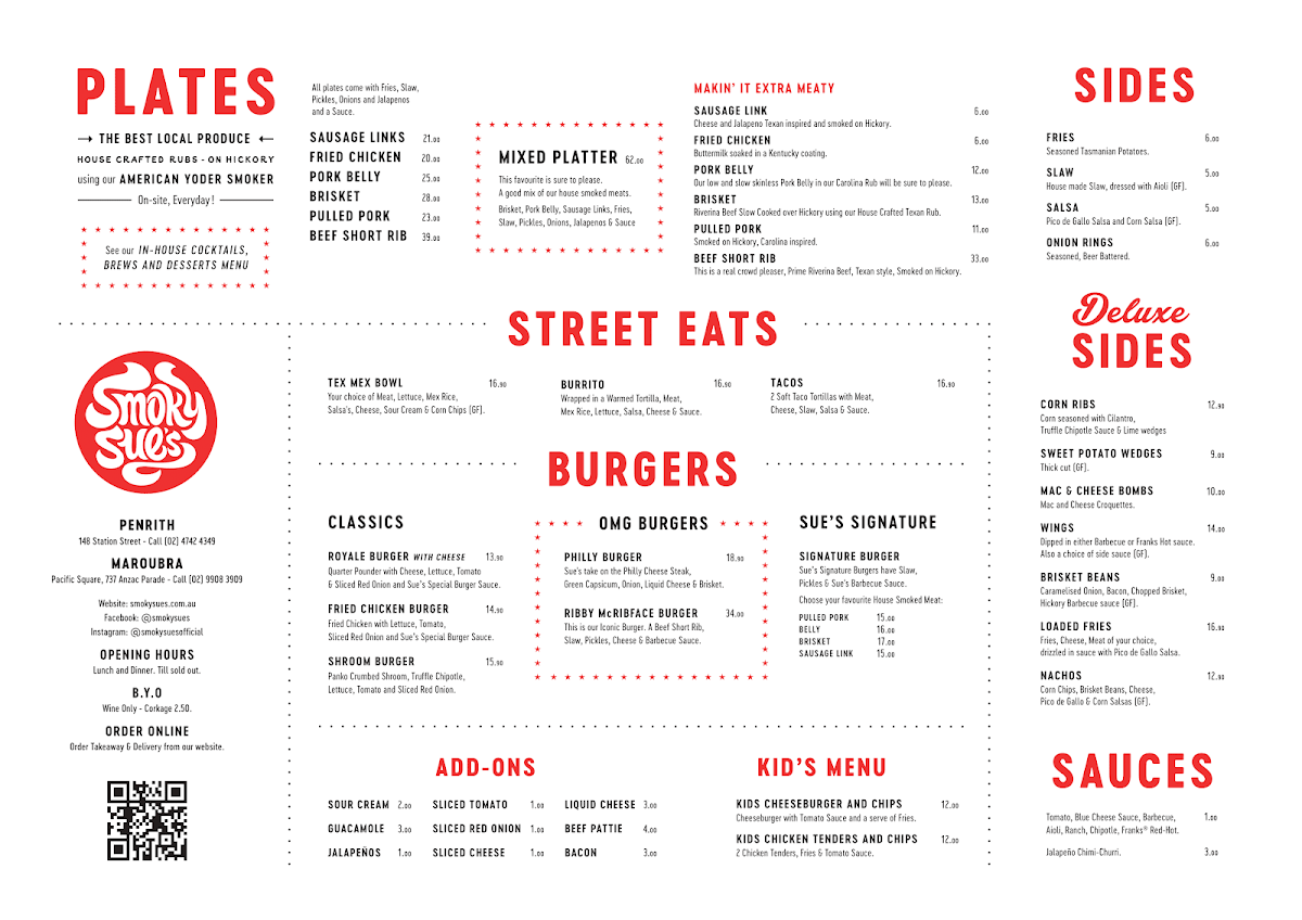 Menu, Smoky Sue's Barbecue Penrith