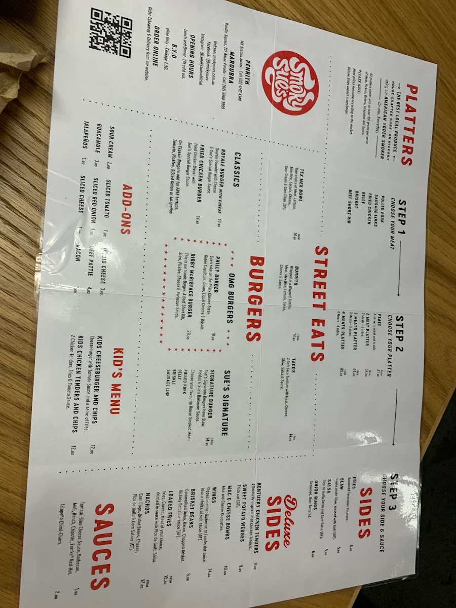 Menu, Smoky Sue's Barbecue Penrith
