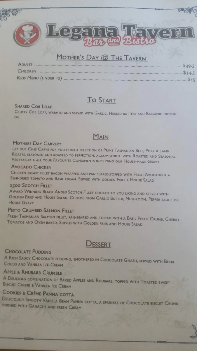 Menu, Legana Tavern Bar & Bistro