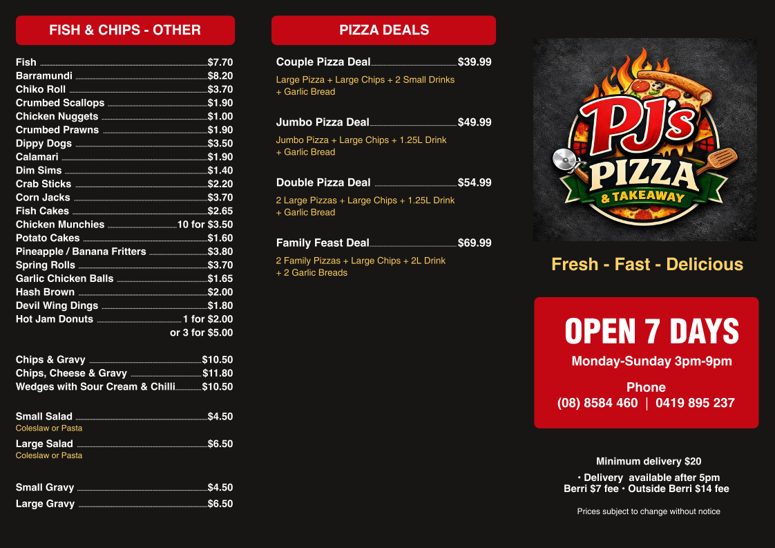 Menu, PJ's Pizza & Takeaway