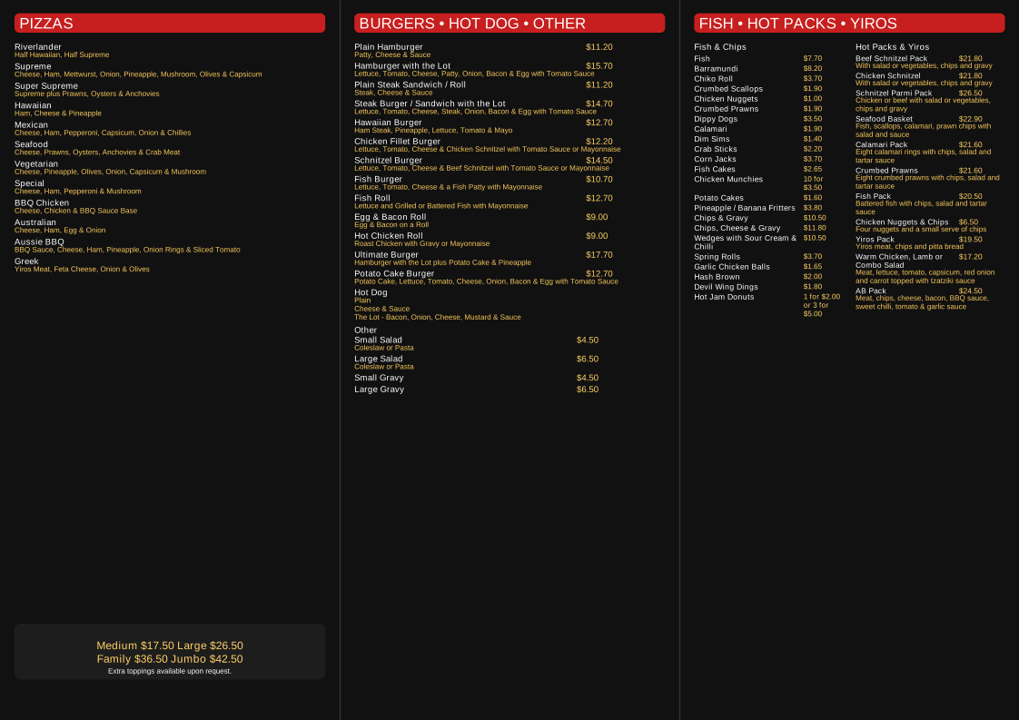 Menu, PJ's Pizza & Takeaway
