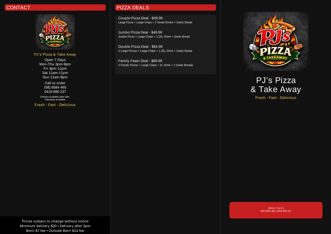 Menu, PJ's Pizza & Takeaway
