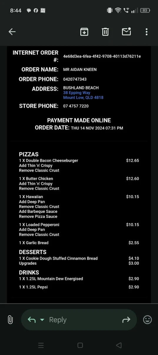 Menu, Domino's Pizza Bushland Beach