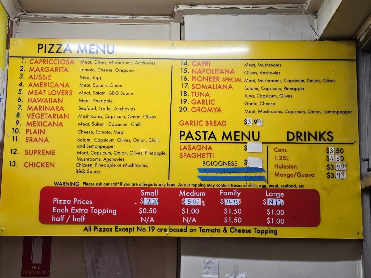 Menu, Pioneer Pizza
