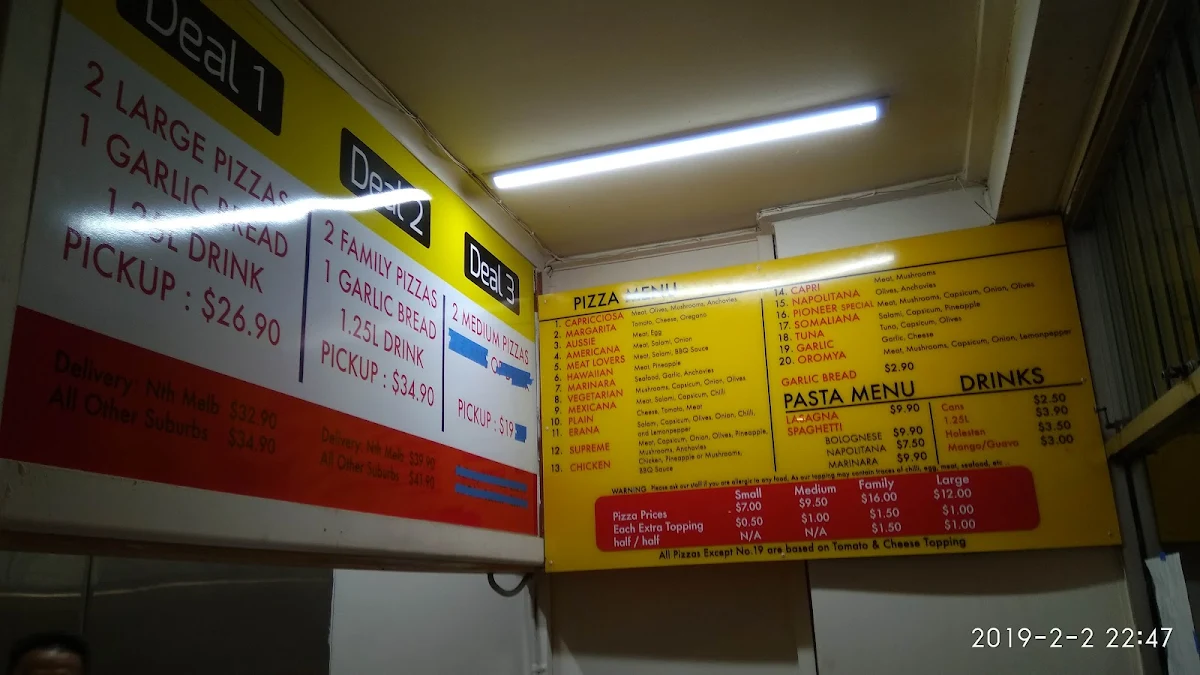 Menu, Pioneer Pizza