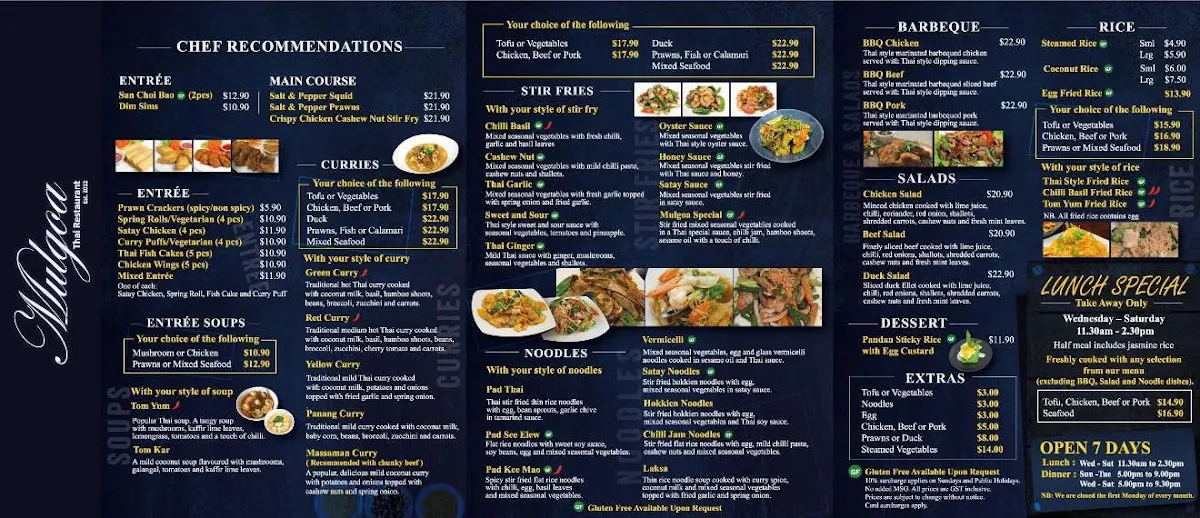 Menu, Mulgoa Thai Restaurant