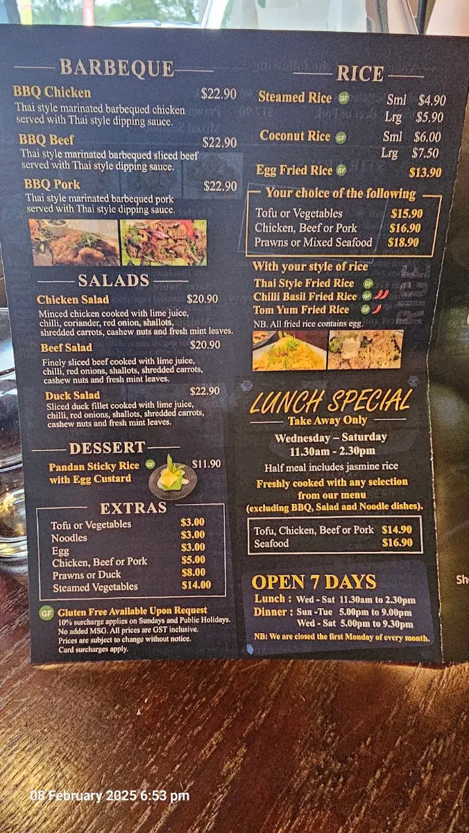 Menu, Mulgoa Thai Restaurant