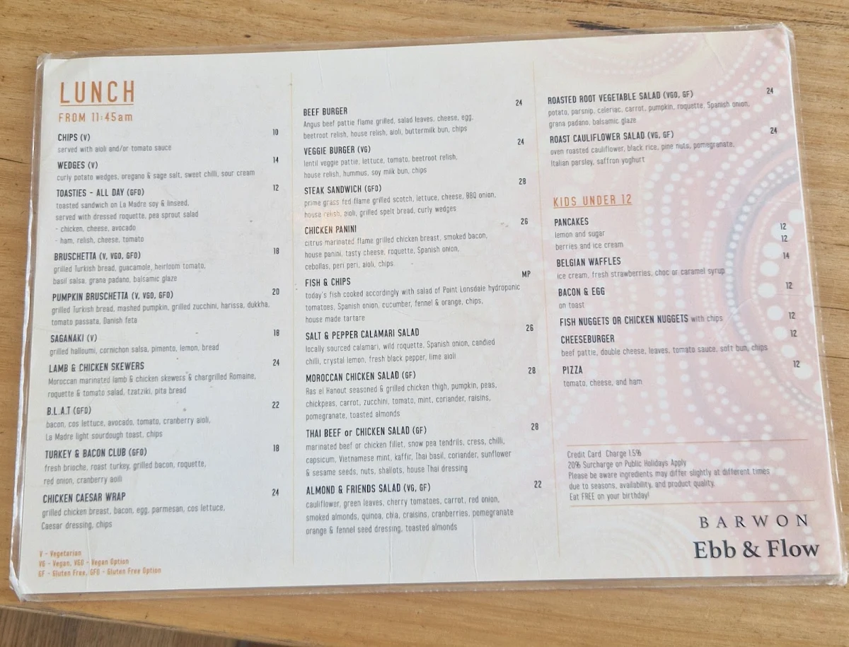 Menu, Barwon Ebb & Flow