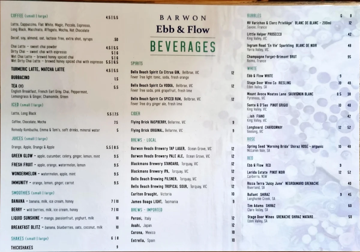 Menu, Barwon Ebb & Flow
