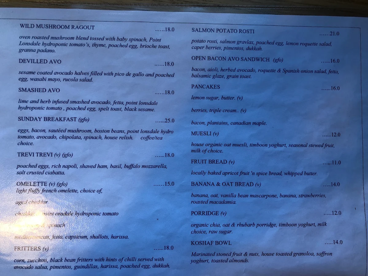 Menu, Barwon Ebb & Flow