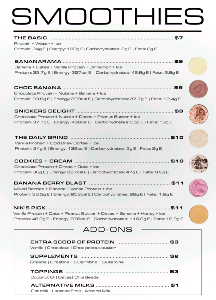 Menu, Derrimut Nutrition Bar
