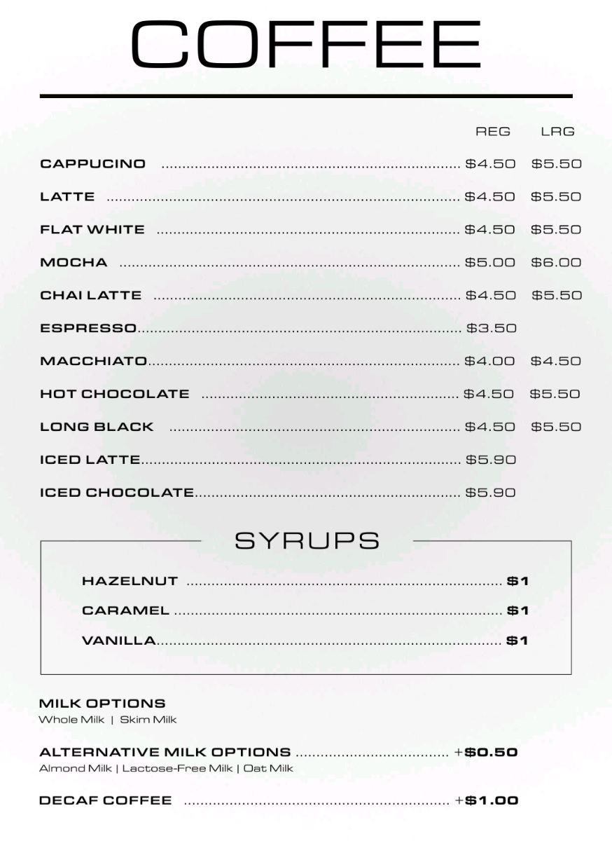 Menu, Derrimut Nutrition Bar