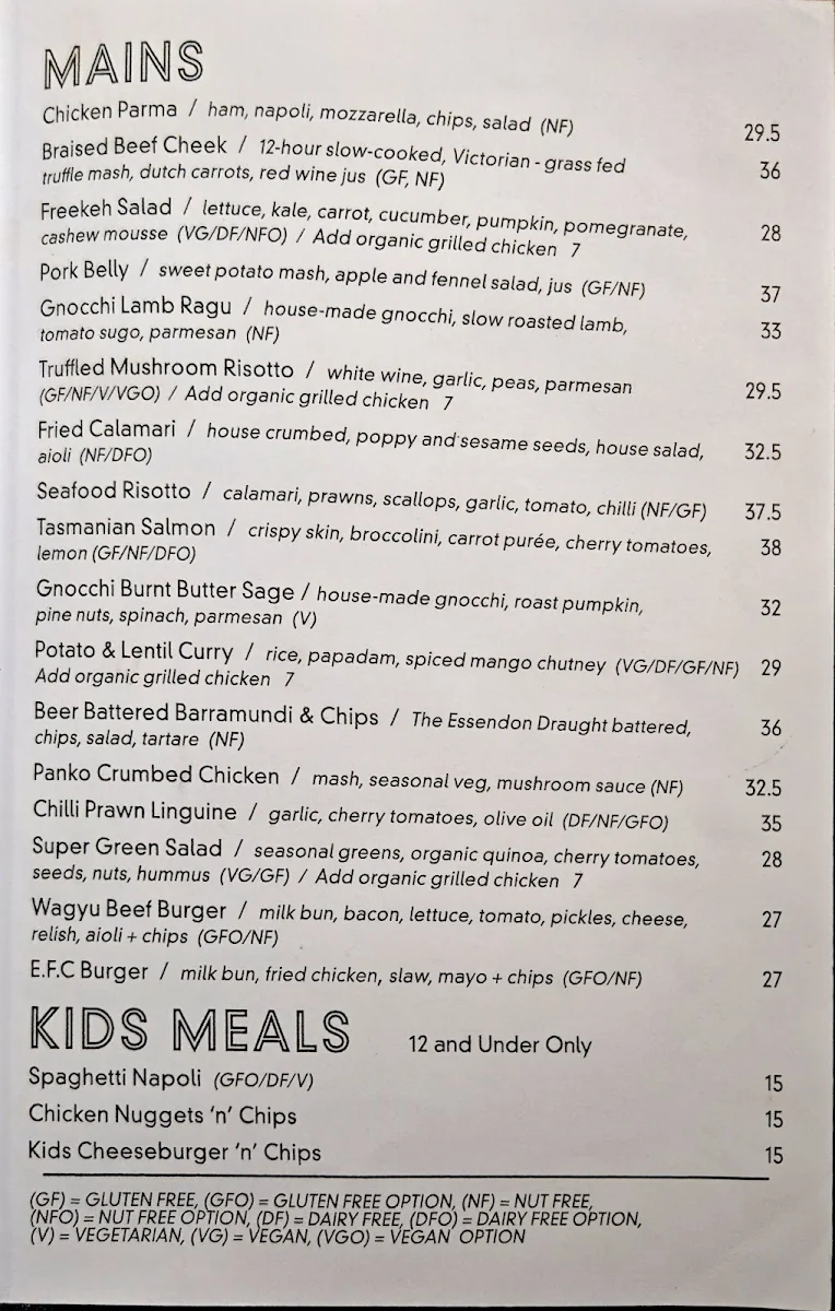 Menu, The Essendon Hotel