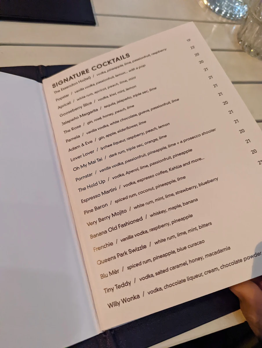Menu, The Essendon Hotel