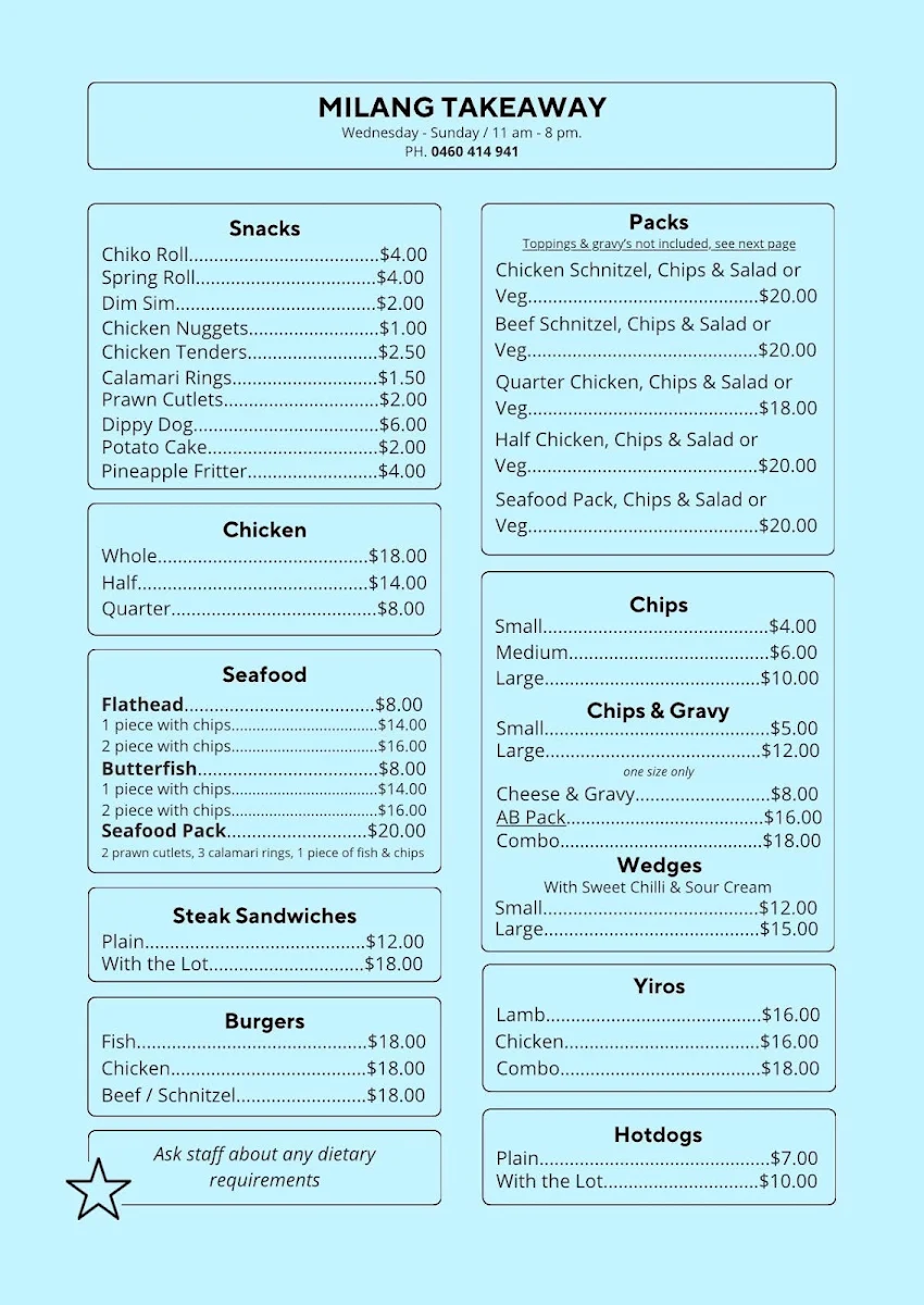 Menu, Milang Takeaway