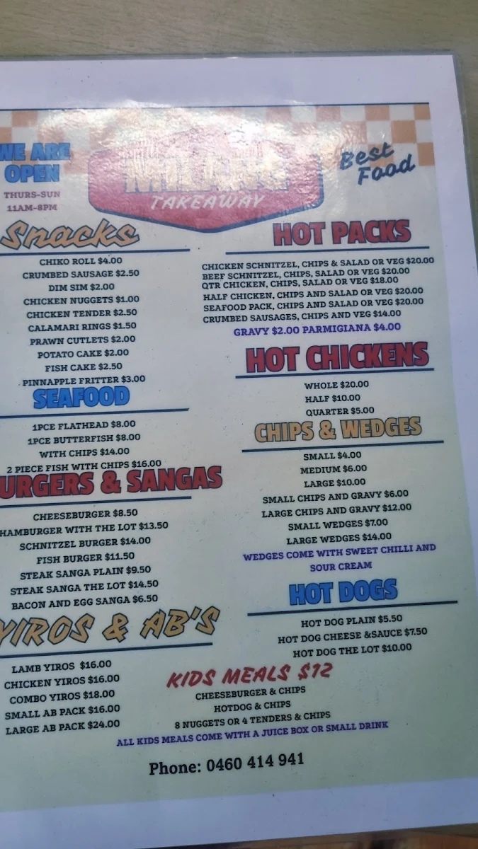 Menu, Milang Takeaway