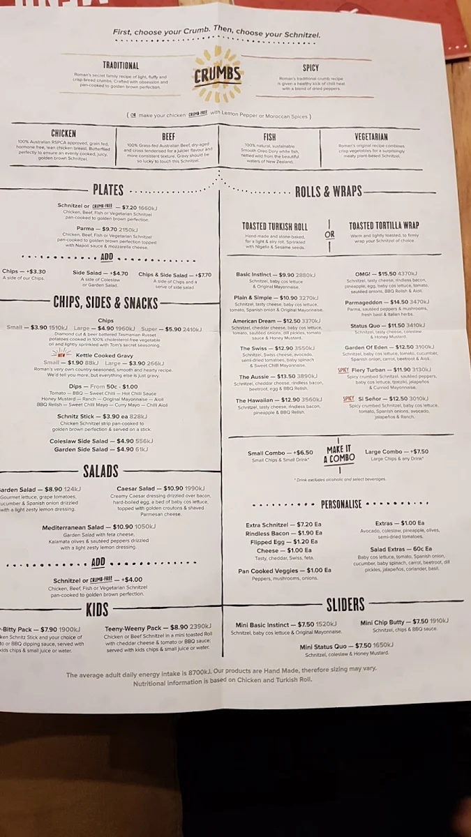 Menu, Schnitz Bendigo