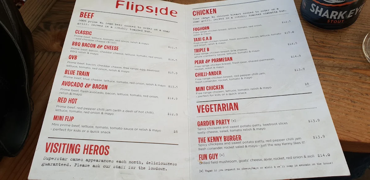 Menu, Mechanics Institute Bar