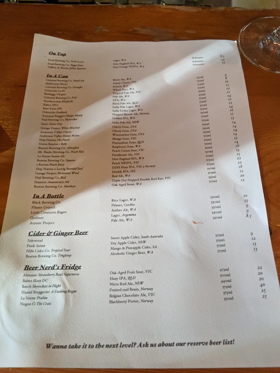 Menu, Mechanics Institute Bar