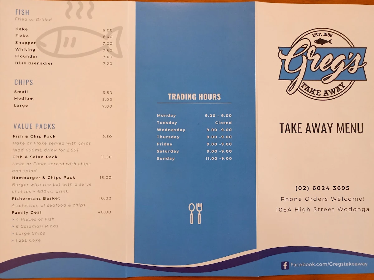 Menu, Gregs Take Away