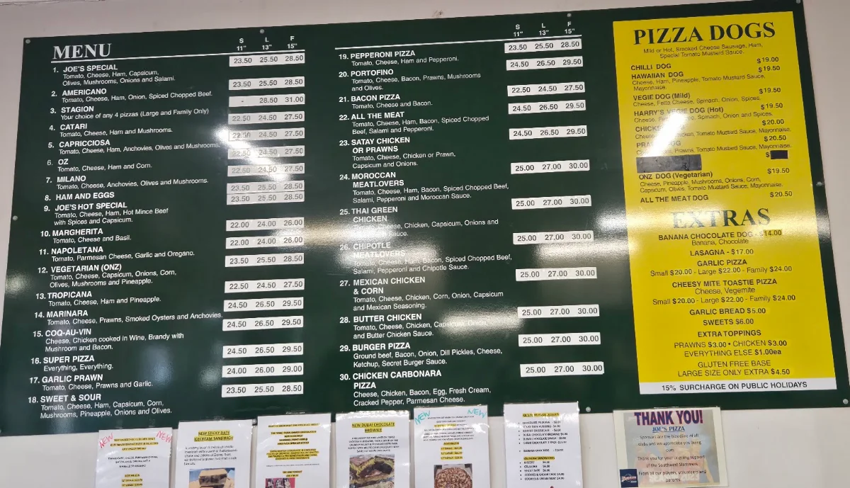 Menu, Joe's Pizza House