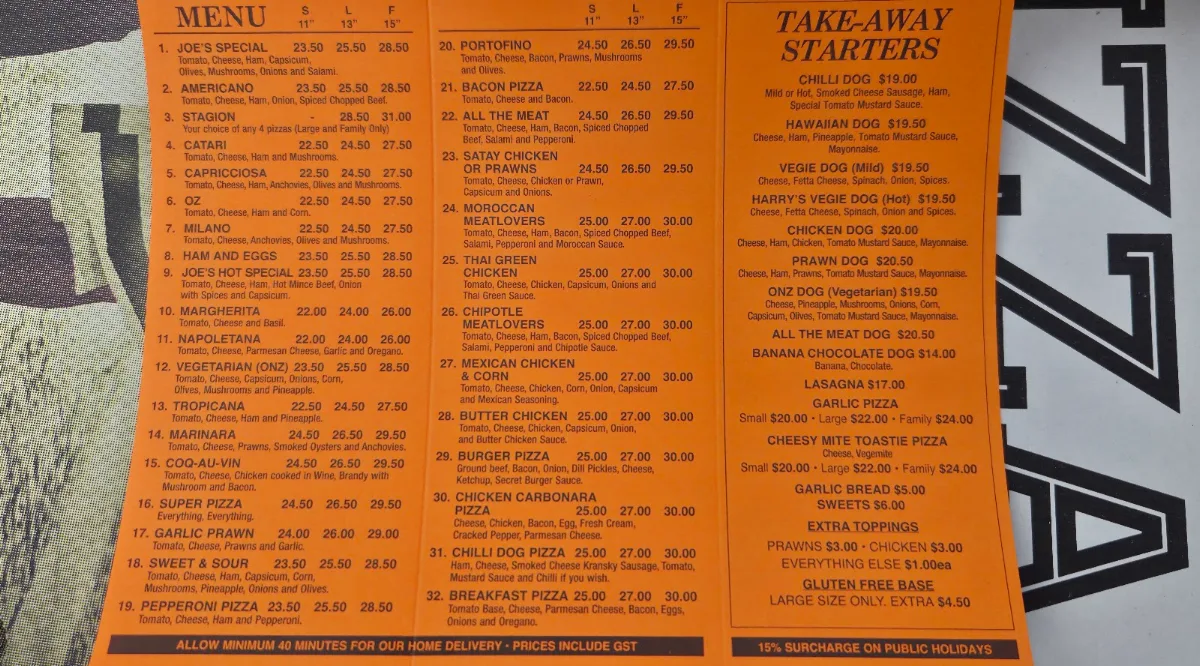 Menu, Joe's Pizza House
