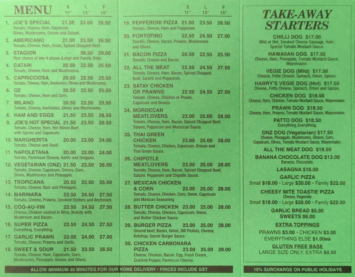 Menu, Joe's Pizza House