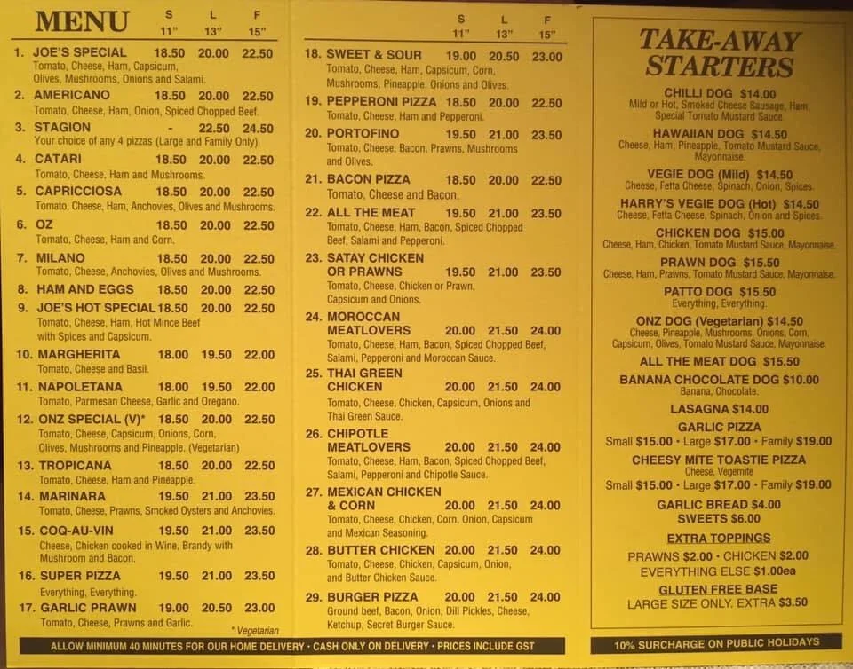 Menu, Joe's Pizza House