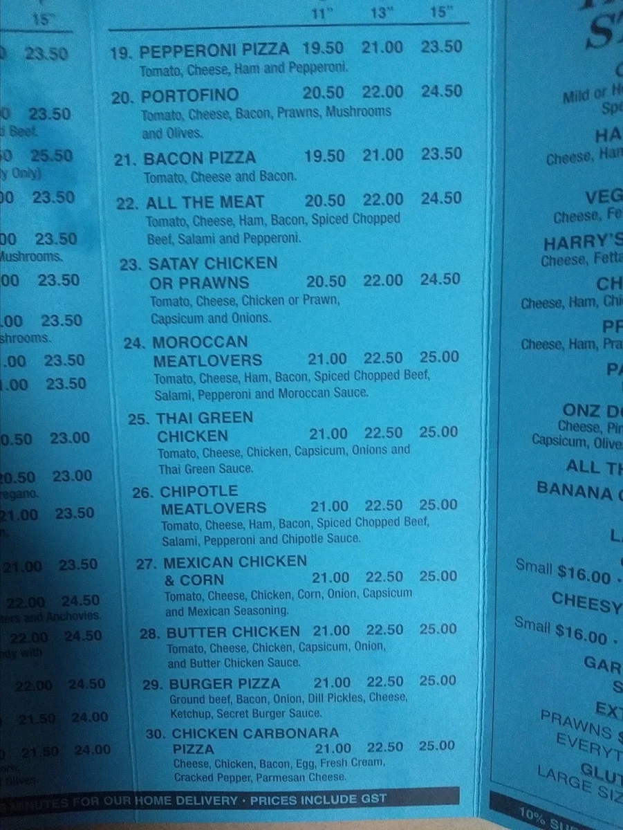 Menu, Joe's Pizza House