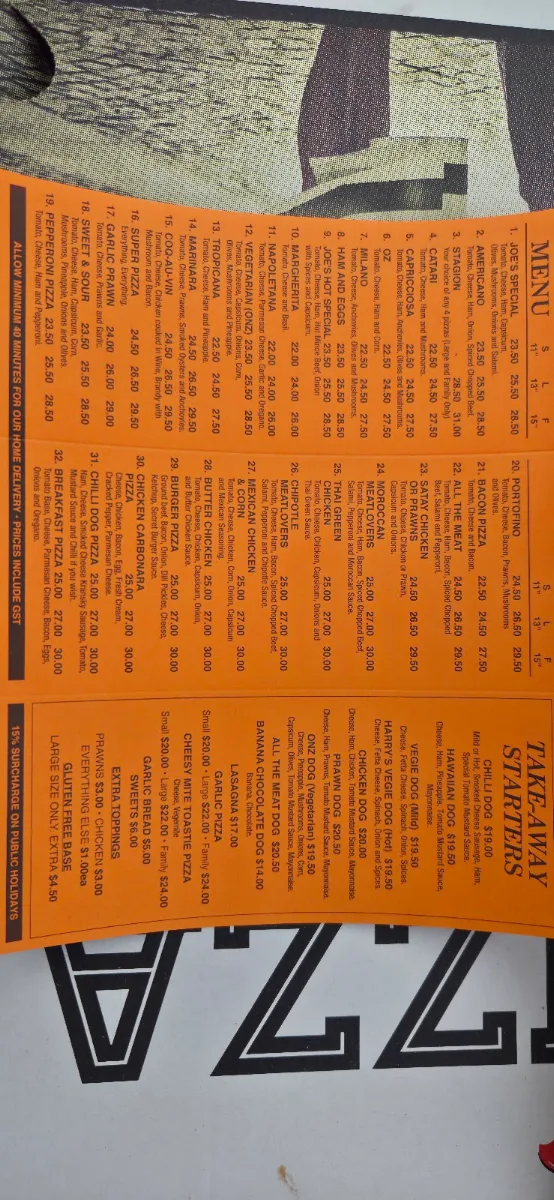 Menu, Joe's Pizza House