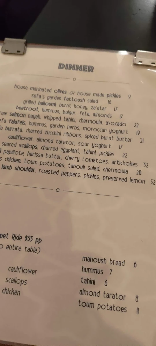 Menu, Sefa Kitchen Bondi