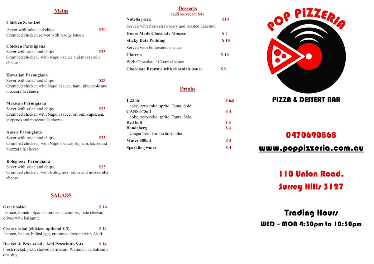 Menu, POP PIZZERIA