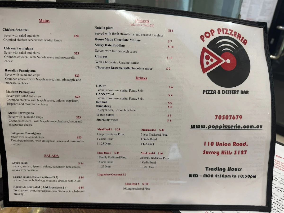 Menu, POP PIZZERIA