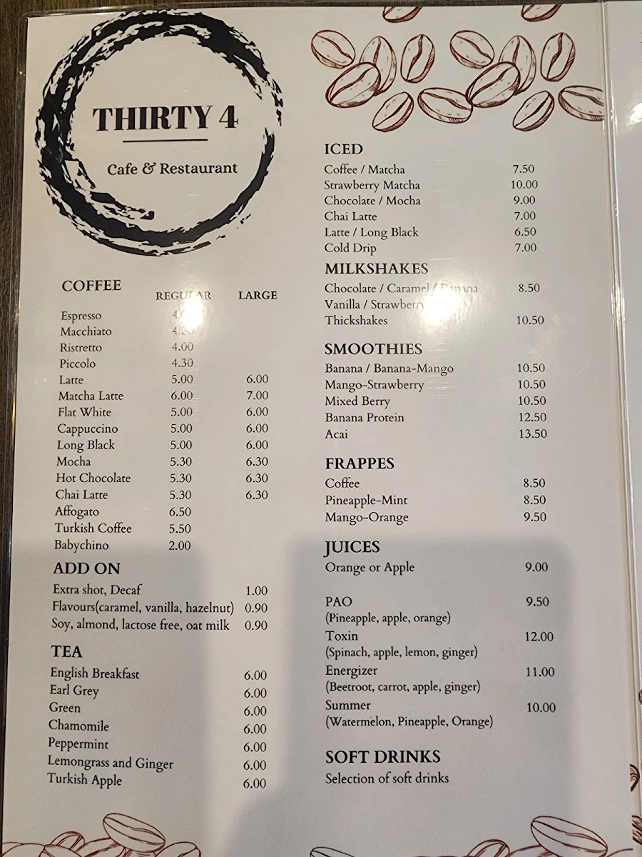 Menu, Thirty 4 Café & Restaurant