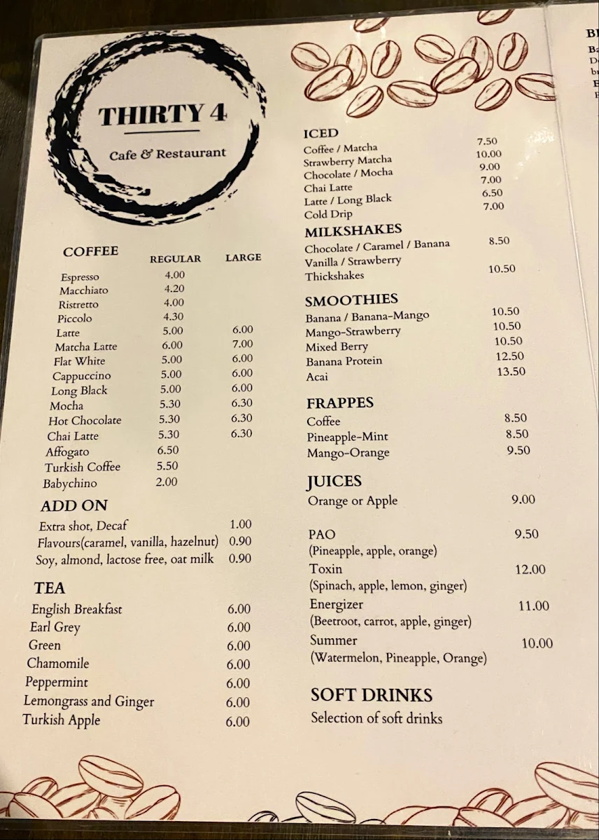 Menu, Thirty 4 Café & Restaurant