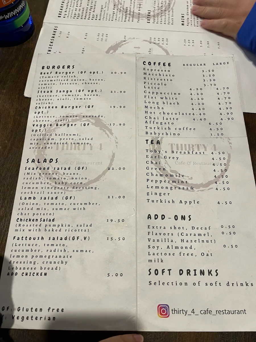 Menu, Thirty 4 Café & Restaurant