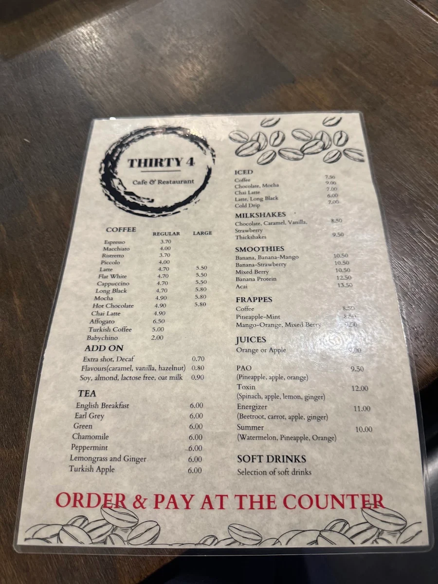 Menu, Thirty 4 Café & Restaurant