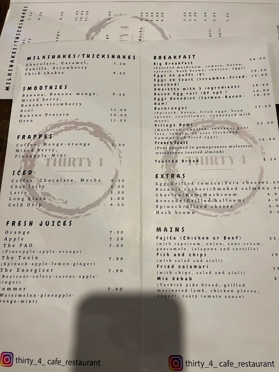 Menu, Thirty 4 Café & Restaurant