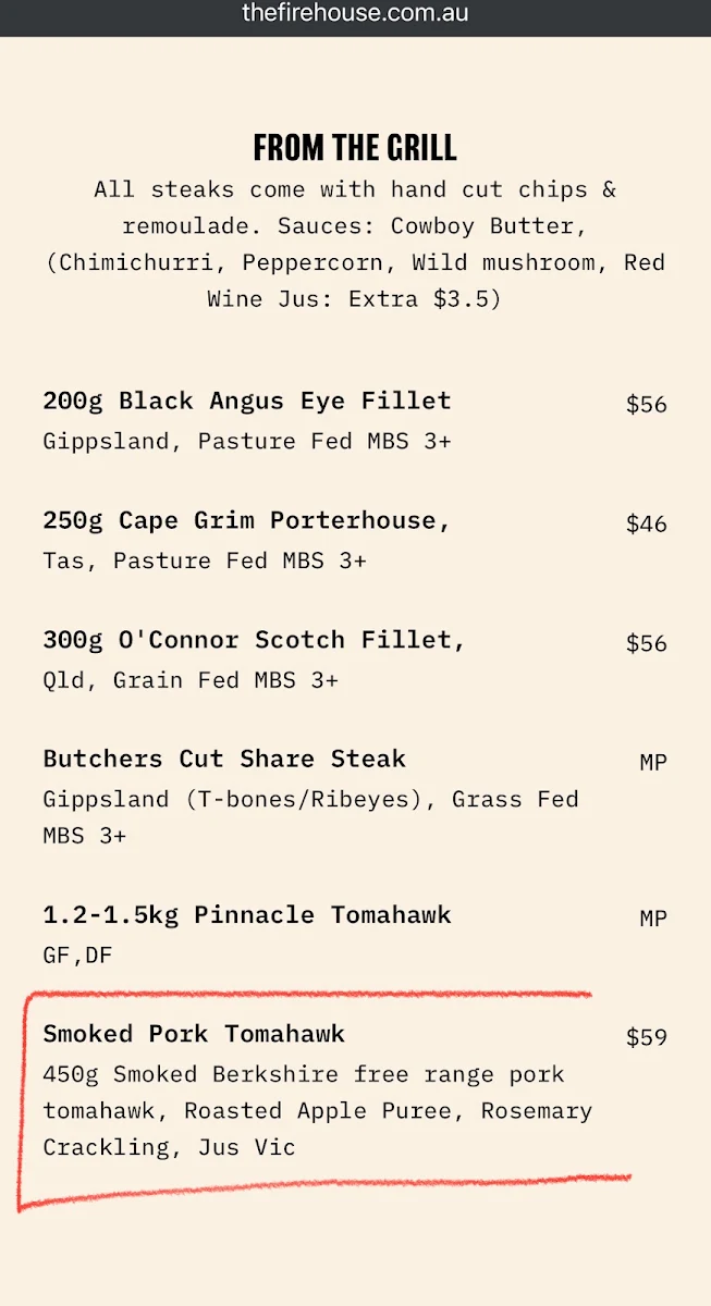 Menu, The Firehouse