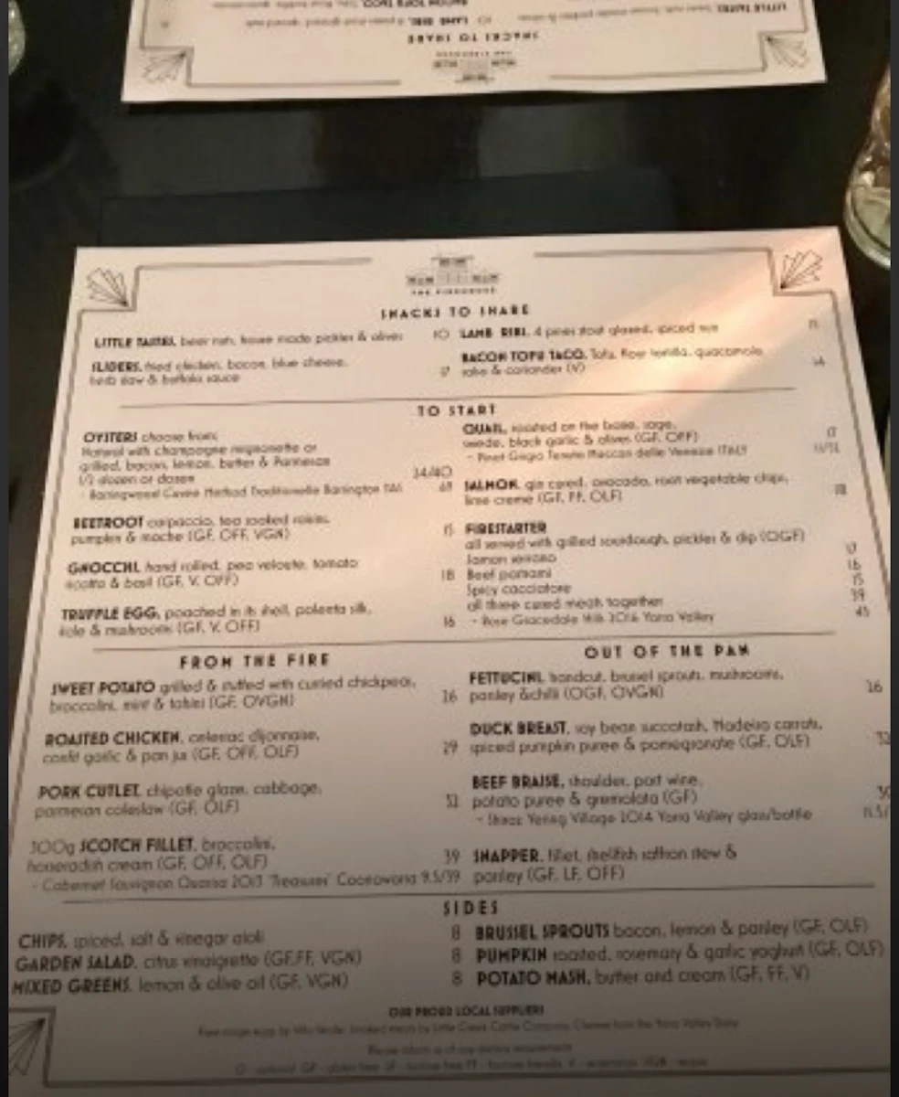 Menu, The Firehouse