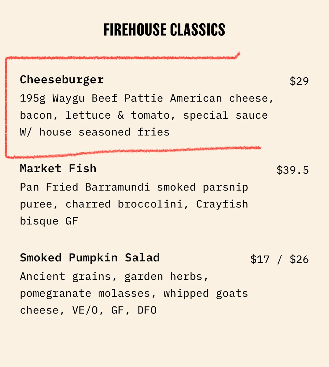 Menu, The Firehouse