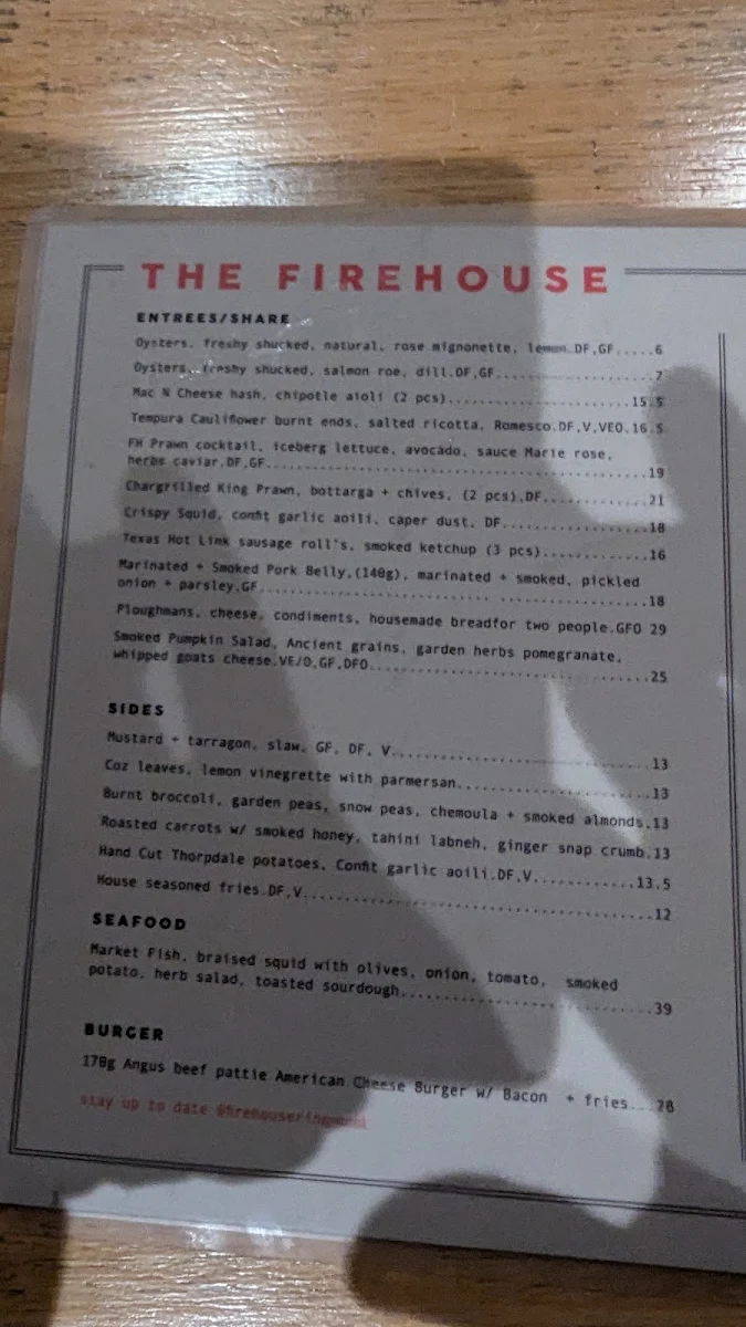Menu, The Firehouse