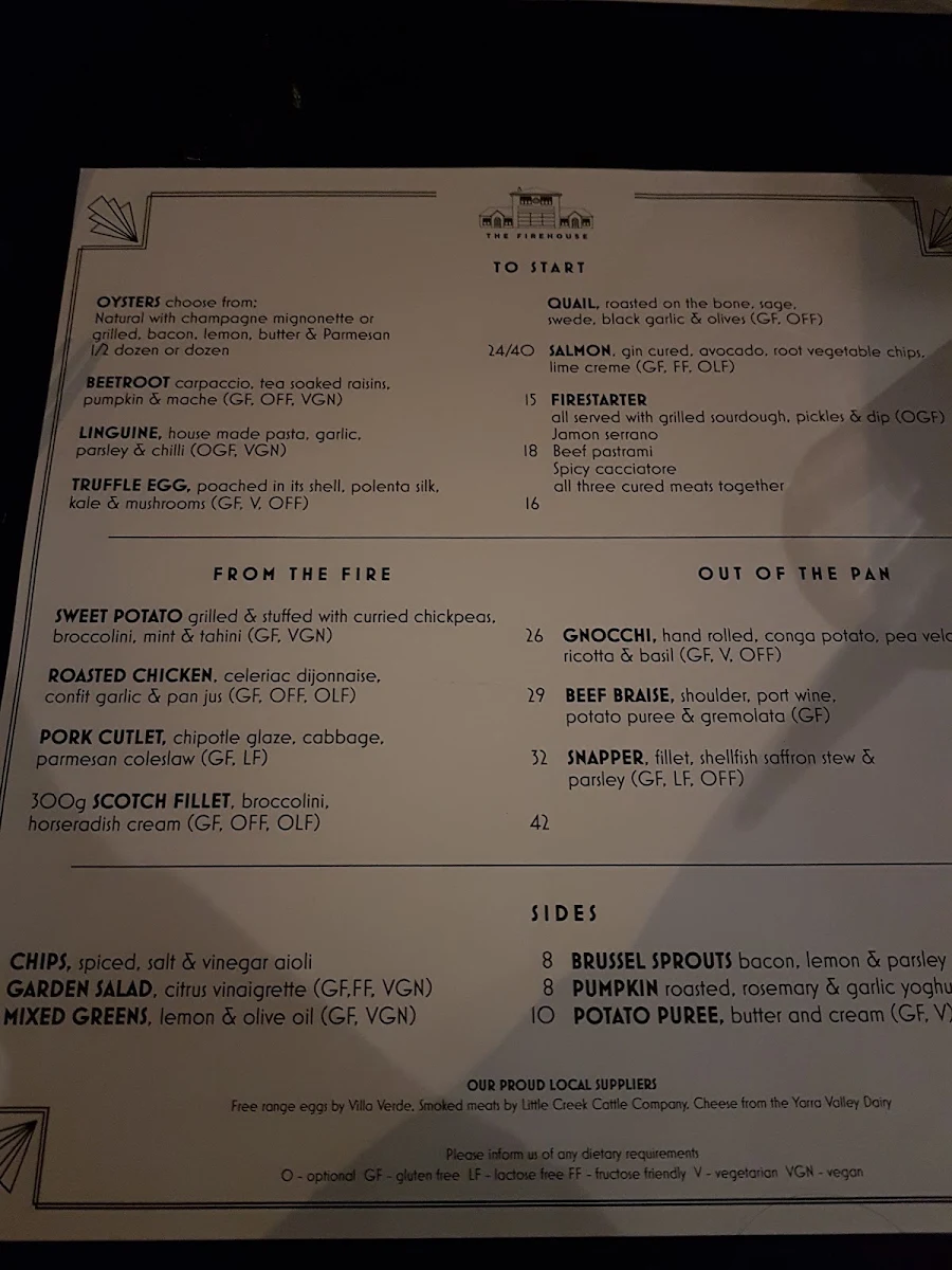 Menu, The Firehouse