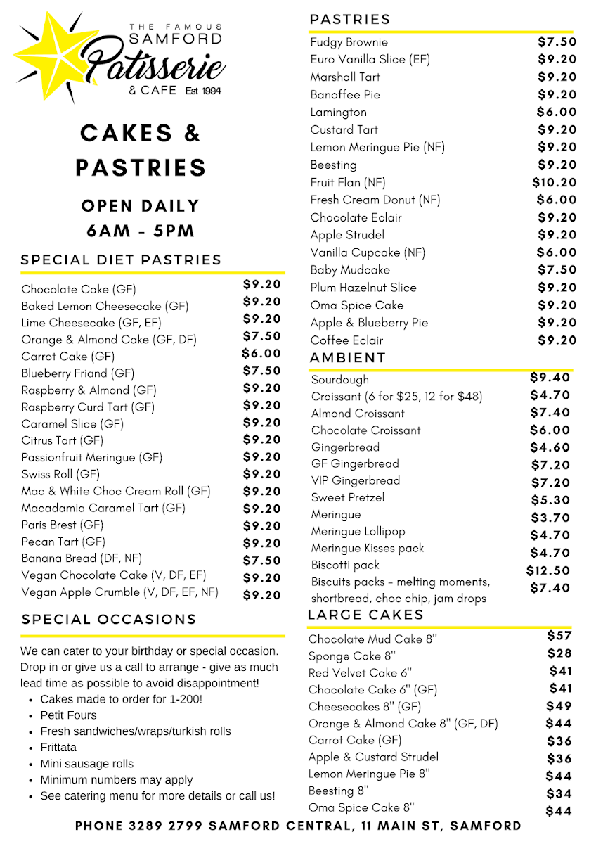 Menu, Samford Patisserie & Cafe